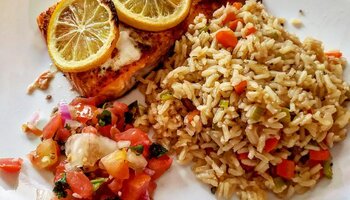 Baked salmon and soffritto rice pilaf